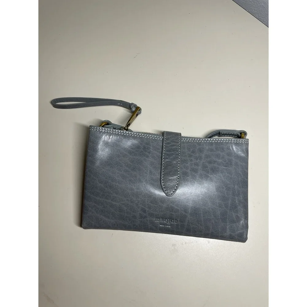Margot New York Crossbody Gray Blue Leather Bag Convertible Wristlet Small